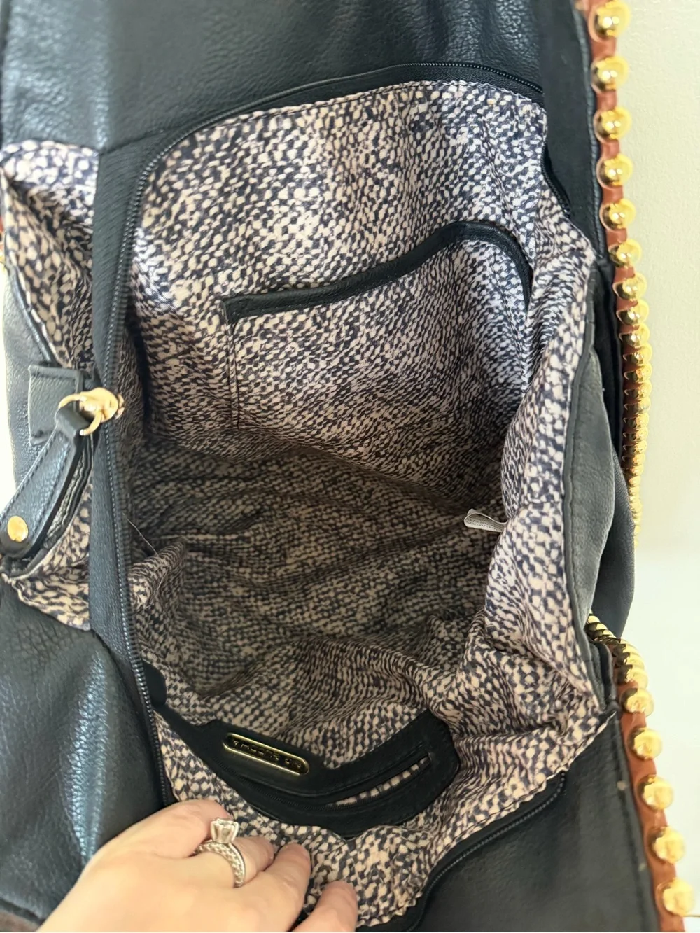 BIG BUDDHA Black Large Hobo Shoulder Bag with Cognac Brown Gold Bead Trim